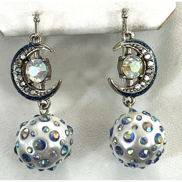 Signed Betsey Johnson Celestial Moon Blue Aurora Borealis Rhinestone Earrings - Picture 2 of 8